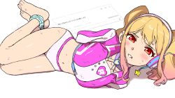 Rule 34 | 1girl, aikatsu! (series), aikatsu stars!, arms behind back, bare legs, barefoot, blonde hair, cropped shirt, furrowed brow, gradient hair, headphones, highres, light blush, long hair, long sidelocks, looking at viewer, lying, midriff, multicolored hair, navel, nijino yume, official alternate costume, on ground, on side, orange eyes, osame, panties, parted lips, pink hair, pink panties, pink shirt, request inset, restrained, shirt, sidelocks, solo, sweat, teeth, twintails, two-tone hair, underwear