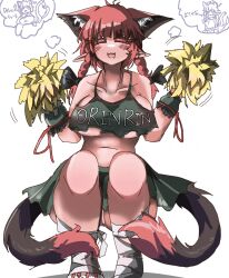 1girl absurdres alternate_costume animal_ear_fluff animal_ears braid breasts cat_ears cat_tail cheerleader cleavage clothes_writing commentary_request eye20806972 fang fish full_body green_skirt highres kaenbyou_rin large_breasts midriff multiple_tails navel open_mouth pointy_ears pom_pom_(cheerleading) simple_background skirt solo speech_bubble squatting tail tank_top thought_bubble touhou translation_request twin_braids two_tails white_background wrist_cuffs