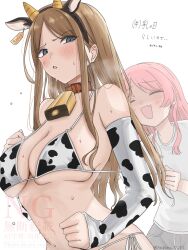 2girls animal_ears animal_print bang_dream! bang_dream!_it&#039;s_mygo!!!!! bell bikini blush breasts brown_hair chihaya_anon cleavage collar cow_ears cow_girl cow_horns cow_print cow_print_bikini cow_tail cowbell elbow_gloves fang gloves highres horns large_breasts long_hair multiple_girls nagasaki_soyo nagomu_7_56 pink_hair print_bikini skin_fang swimsuit tail underboob