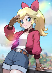 Rule 34 | 1girl, absurdres, belt, blonde hair, blue eyes, blue sky, blurry, blurry background, bow, breasts, closed mouth, denim, denim shorts, earrings, fingerless gloves, gloves, hair bow, highres, jacket, jewelry, lipstick, long hair, looking at viewer, makeup, mario (series), mario kart, mario kart world, muis0802, nintendo, open clothes, open jacket, outdoors, pink bow, pink jacket, ponytail, princess peach, princess peach (touring), shirt, short shorts, shorts, sky, smile, solo, sphere earrings