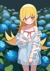 1girl bare_shoulders blonde_hair blue_flower brown_eyes closed_mouth collarbone commentary dress flower highres hood hood_down hooded_jacket hydrangea imno_ir jacket long_hair long_sleeves looking_at_viewer monogatari_(series) off_shoulder oshino_shinobu pointy_ears puffy_long_sleeves puffy_sleeves see-through_clothes see-through_jacket sleeveless sleeveless_dress solo symbol-only_commentary very_long_hair white_dress wide_sleeves