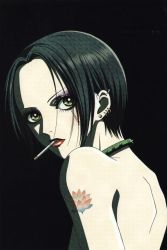 1girl black_hair cigarette female_focus lips makeup nana_(manga) nana_(series) official_art oosaki_nana osaki_nana portrait short_hair simple_background smoking solo tattoo