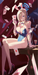 1girl absurdres animal_ears asuna_(blue_archive) asuna_(bunny)_(blue_archive) bare_shoulders blonde_hair blue_archive blue_bow blue_bowtie blue_eyes blue_halo blue_leotard bow bowtie breasts card cleavage crossed_legs cup detached_collar drinking_glass fake_animal_ears gloves hair_over_one_eye hair_ribbon halo highleg highleg_leotard highres holding holding_card leotard long_hair looking_at_viewer object_on_breast rabbit_ears ribbon rinchen_garun sitting smile solo strapless strapless_leotard thighs very_long_hair white_gloves wine_glass