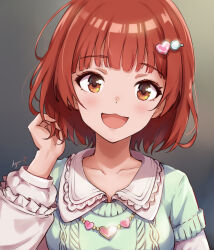 1girl :3 blush brown_eyes brown_hair collarbone green_sweater hair_ornament hand_up heart heart_hair_ornament heart_necklace highres idolmaster idolmaster_million_live! idolmaster_million_live!_theater_days jewelry koaya long_sleeves looking_at_viewer necklace nonohara_akane official_alternate_hairstyle open_mouth private_dress_(idolmaster_million_live!) short_hair signature smile solo straight-on sweater upper_body