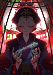 1girl absurdres blood blood_on_face blood_on_hands blood_on_mask bloody_tears bullet_hole chinese_clothes closed_eyes closed_mouth commentary_request earrings facing_viewer fingernails floating floating_object fox_mask hair_ornament hairpin hands_up hanfu highres injury jewelry kusuriya_no_hitorigoto larose loulan_(kusuriya_no_hitorigoto) mask solo spoilers upper_body
