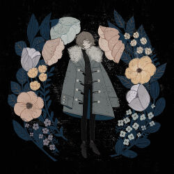 1boy black_bow black_pants black_shirt black_shoes black_socks bow closed_eyes closed_mouth coat curly_hair full_body fur-trimmed_coat fur_trim grey_coat grey_hair haru_(sekhl) loafers male_focus medium_hair original pants shirt shoes socks solo