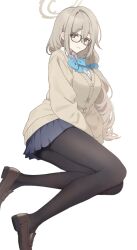 1girl akane_(blue_archive) aqua_bow aqua_bowtie black_pantyhose black_skirt blue_archive bow bowtie breasts brown_cardigan brown_hair brown_halo cardigan commentary_request glasses hair_between_eyes hair_ornament hair_scrunchie hakuhatsu halo highres large_breasts legs long_hair long_sleeves looking_at_viewer miniskirt pantyhose pleated_skirt scrunchie simple_background sitting skirt sleeves_past_fingers sleeves_past_wrists smile solo white_background yokozuwari