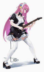 1girl absurdres andoplus apron black_bow black_bowtie black_dress black_shoes blue_eyes bocchi_the_rock! bow bowtie breasts cable cube_hair_ornament dress electric_guitar full_body gotoh_hitori guitar hair_ornament high_heels highres holding holding_guitar holding_instrument instrument long_hair maid maid_apron maid_headdress music pink_hair playing_instrument puffy_short_sleeves puffy_sleeves serious shoes short_sleeves simple_background solo sweat thighhighs white_background white_thighhighs yamaha_pacifica