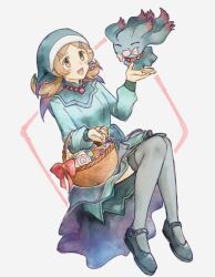 1girl :d alternate_costume asuka_rkgk basket beads black_footwear brown_eyes brown_hair candy_wrapper clenched_hand commentary_request creatures_(company) dress game_freak gen_2_pokemon green_dress green_hat grey_thighhighs hair_ornament hairclip hat highres knees_together_feet_apart long_hair long_sleeves lyra_(pokemon) misdreavus nintendo open_mouth pokemon pokemon_(creature) pokemon_hgss shoes smile thighhighs twintails