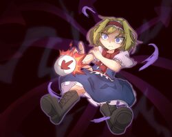 1girl algodoo alice_margatroid arrow_(symbol) aura black_boots blonde_hair blue_dress blue_eyes boots capelet closed_mouth commentary_request cookie_(touhou) dress frilled_hairband frills full_body hairband highres ichigo_(cookie) lace-up_boots looking_at_viewer nanariku neckerchief purple_background red_hairband red_neckerchief red_sash sash short_hair short_sleeves solo touhou v-shaped_eyebrows white_capelet