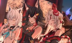 3girls adjusting_hair animal_ear_piercing animal_ears aqua_eyes bell black_hair braid button_gap closed_eyes commentary_request company_name copyright_notice detached_hood detached_sleeves double-parted_bangs dress fluff fox_ears fox_girl furisode harui_(hr_x9_) hololive horns japanese_clothes jingle_bell karma_(nakiri_ayame) katana kimono kouhaku_nawa light_blush long_hair loose_kimono mask mask_on_head midriff midriff_peek multiple_girls nakiri_ayame nakiri_ayame_(1st_costume) navel neckerchief necktie obi obijime off_shoulder official_art oni oni_mask ookami_mio ookami_mio_(1st_costume) outdoors pom_pom_(clothes) red_eyes red_streaks rope sailor_collar sash shimenawa shirakami_fubuki shirakami_fubuki_(1st_costume) shiranui_(nakiri_ayame) shirt shrine side_braid skin-covered_horns sleeveless sleeveless_dress smile sword sword_on_back talking tassel virtual_youtuber weapon weapon_on_back white_hair wolf_ears wolf_girl yellow_eyes