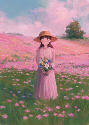 1girl blush brown_hair buttons closed_mouth cloud cloudy_sky cosmos_(flower) day dot_nose dress field fjsmu flower flower_field full_body hat highres long_hair looking_at_viewer original outdoors pink_dress scenery sky smile solo standing straw_hat