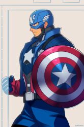 1boy absurdres american_flag american_flag_print captain_america captain_america_(series) clenched_hand flag_print highres holding holding_shield jacket looking_to_the_side marvel marvel_tokon:_fighting_souls mask serious shield smgold solo steve_rogers