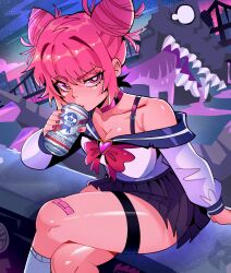 1girl absurdres bandaid bandaid_on_knee bandaid_on_leg black_skirt bow bra_strap breasts bright_pupils brooch can choker cleavage collarbone commentary crossed_legs double_bun drink_can drinking english_commentary hair_between_eyes hair_bun hand_up heart heart_brooch highres holding holding_can jewelry jiansketch long_sleeves looking_at_viewer messy_hair original pink_brooch pink_choker pink_eyes pink_hair pink_nails pleated_skirt red_bow shirt short_hair single_bare_shoulder sitting skirt socks solo thigh_strap white_pupils white_shirt white_socks