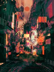 1other alley brown_hair city dim_lighting dkaism faceless facing_viewer full_body graffiti looking_back original painterly raincloud red_sweater scenery sign skull_print sun sweater