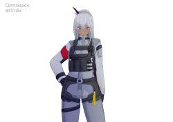 1girl braid camouflage closed_mouth commentary commission cowboy_shot dark-skinned_female dark_skin elmo_training_outfit eruda_erudia girls&#039;_frontline girls&#039;_frontline_2:_exilium grey_hair hair_between_eyes hair_ornament high_ponytail light_blush light_smile load_bearing_equipment load_bearing_vest long_hair long_sleeves looking_at_viewer nemesis_(girls&#039;_frontline_2) ponytail purple_eyes simple_background solo tactical_clothes twitter_username urban_camouflage white_background