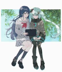 Rule 34 | 2girls, aqua eyes, aqua hair, aqua nails, aqua trim, arm rest, bandaid, bandaid on leg, batsu miku, black boots, black hair, black pantyhose, black shoes, black skirt, black socks, blush, boots, branch, collarbone, commentary request, full body, grey jacket, grey serafuku, grey shirt, grey skirt, hair between eyes, hair ornament, hands on lap, hatsune miku, highres, holding, holding tablet pc, hoshino ichika (project sekai), jacket, kneehighs, korean commentary, kowareta sekai to utaenai miku, leaf, loafers, lomo (81159), long hair, long sleeves, looking at object, miyamasuzaka girls&#039; academy school uniform, multiple girls, neckerchief, open mouth, pantyhose, pleated skirt, project sekai, red neckerchief, sailor collar, school uniform, serafuku, shirt, shoes, sidelocks, sitting, skirt, smile, socks, tablet pc, turtleneck, turtleneck jacket, twintails, vocaloid, white sailor collar, white sleeve cuffs, wide sleeves, x hair ornament