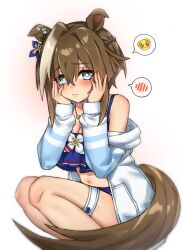 Rule 34 | 1girl, absurdres, anchor hair ornament, animal ears, bikini, blue bikini, blue eyes, breasts, brown hair, cheval grand (summer calm navy drop) (umamusume), cheval grand (umamusume), cleavage, emoji, from side, hair between eyes, hair ornament, highres, horse ears, horse girl, jacket, looking at viewer, multicolored hair, official alternate costume, official alternate hairstyle, pleading face emoji, ress beep, simple background, solo, spoken blush, spoken emoji, squatting, streaked hair, swimsuit, umamusume, white background, white hair, white jacket, white streaks