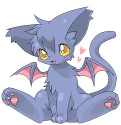 Rule 34 | bat wings, black cat, black fur, cat, choko (sweetpocket), commentary request, creature, creature focus, fang, full body, halloween neopet, heart, kougra, light blush, lowres, neopet (creature), neopets, no humans, open mouth, pawpads, simple background, sitting, smile, solo, spoken heart, white background, wings, yellow eyes