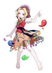 1girl absurdres bad_feet bare_legs barefoot bing_zizi blonde_hair blue_sash brown_hair floating floating_object forehead full_body hand_up highres magatama multicolored_hair orange_skirt parted_bangs puffy_short_sleeves puffy_sleeves rainbow_gradient rainbow_order red_vest sash shirt short_sleeves simple_background skirt slit_pupils solo tamatsukuri_misumaru tiara touhou vest white_background white_shirt yellow_eyes