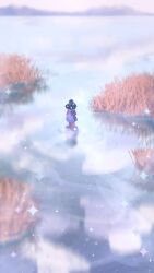 Rule 34 | 1other, black hair, blurry, depth of field, dress, from behind, fur collar, grass, landscape, mountainous horizon, original, outdoors, painterly, purple dress, reflection, reflective water, ripples, scenery, solo, sparkle, wading, walking, zandra