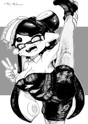 +_+ 1girl bare_shoulders blush breasts callie_(splatoon) cleavage earrings gloves highres jewelry jumpsuit large_breasts monochrome nintendo pointy_ears sassan_s sleeveless splatoon_(series) standing standing_on_one_leg teeth tentacle_hair twintails v
