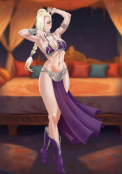 1girl absurdres alternate_costume alternate_hairstyle amenoosa armlet bed bedroom bikini bikini_top_only blonde_hair blue_eyes blush boots bracelet braid braided_ponytail breasts cleavage collar dancing full_body hair_over_one_eye highres huttslayer_leia jewelry large_breasts long_hair looking_at_viewer metal_bikini naruto_(series) naruto_shippuuden navel pelvic_curtain princess_leia purple_boots solo standing star_wars swimsuit yamanaka_ino