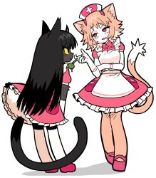 2girls absurdres animal_ears apron black_eyes black_fur black_hair body_fur candy cat_ears cat_girl cat_tail colored_sclera dress food full_body furry furry_female highres holding holding_candy holding_food holding_lollipop kakke666 lollipop long_hair looking_at_another maid_apron multiple_girls orange_hair original pink_dress pink_eyes short_dress short_hair simple_background tail very_long_hair white_background yellow_sclera