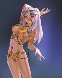 1girl alternate_costume arabian_clothes areola_slip arm_behind_head arm_up armlet bare_hips bare_shoulders between_breasts bracelet breasts chain closed_mouth collarbone collarbone_peek criss-cross_halter dark-skinned_female dark_skin earrings face_piercing fingernails girls&#039;_frontline girls&#039;_frontline_2:_exilium gold gold_armlet gold_bracelet gold_chain gold_headdress groin hair_between_eyes halterneck harem_outfit headdress highres jewelry long_hair mk_xlviii nail_polish navel navel_piercing nemesis_(girls&#039;_frontline_2) non-web_source nose_piercing pearl_thong piercing purple_eyes purple_hair purple_nails solo stomach strap_between_breasts toned toned_female triangle_earrings