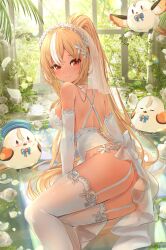 1girl absurdres alternate_costume ass back_bow blonde_hair blush bow breasts bridal_gauntlets bridal_lingerie bridal_veil commentary_request criss-cross_back-straps dark-skinned_female dark_skin elf elfriend_(shiranui_flare) frilled_headband frilled_thigh_strap from_behind garter_belt garter_straps hai_0013 high_ponytail highres hololive lace lace-trimmed_thighhighs lace_trim large_breasts light_smile lingerie long_hair looking_at_viewer multicolored_hair orange_eyes pointy_ears ponytail shiranui_flare shoulder_blades sidelocks solo streaked_hair tan thigh_strap thighhighs underwear veil virtual_youtuber white_hair white_thighhighs