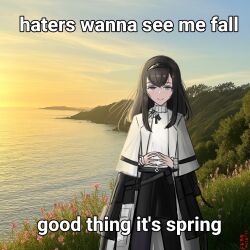 1girl arknights black_hair black_hairband black_pantyhose black_skirt closed_mouth coat commentary cowboy_shot dated day english_commentary english_text grey_eyes hairband kentangbasi98 long_sleeves looking_at_viewer medium_hair meme outdoors own_hands_together pantyhose photo_background priestess_(arknights) sketch skirt smile solo split_mouth standing steepled_fingers sweater turtleneck turtleneck_sweater white_coat white_sweater wind