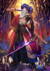1boy abs aura black_hakama black_headband black_ribbon black_sash black_socks closed_mouth dual_wielding fate/grand_order fate_(series) full_body hadanugi_dousa hair_over_one_eye hair_ribbon hakama hakama_pants hand_up headband holding igote japanese_clothes katana kimono lack leaf legs_apart long_hair looking_at_viewer male_focus midriff_sarashi no_shirt official_art okada_izou_(fate) okada_izou_(third_ascension)_(fate) one_eye_covered open_kimono orange_eyes over_shoulder pants pectorals purple_hair red_kimono ribbon sandals sarashi sash scarf short_sword smile socks solo standing sword tabi third-party_source toned toned_male unsheathed variant_set weapon weapon_over_shoulder white_scarf zouri