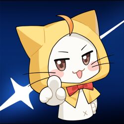 Rule 34 | ahoge, animal, animal focus, artist request, blue background, blush stickers, bow, bowtie, brown eyes, cat, cloak, clothed animal, cropped torso, determined, ear covers, gradient background, hand on own hip, highres, hood, hood up, hooded cloak, infinity nikki, looking at viewer, momo (nikki), navel, newtype flash, nikki (series), no humans, official art, open mouth, pointing, pointing at viewer, red bow, red bowtie, smile, solo, traditional bowtie, tsurime, v-shaped eyebrows, whiskers, white cat, yellow cloak