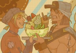 2boys aquiline_nose arm_tattoo baseball_cap bodysuit chocolate choker clenched_teeth commentary crossed_belts eating english_commentary facial_mark food fruit hat highres hyepletina ice_cream jojo_no_kimyou_na_bouken male_focus multiple_boys muscular muscular_male nose orange_theme paco_laburantes parfait pocky smile strawberry tattoo teeth the_jojolands tray usagi_aloha&#039;oe wristband