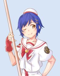 1girl aika_granzchesta aria_(manga) blue_background blue_hair blush bow bowtie brown_eyes closed_mouth collarbone earrings fingerless_gloves gloves hair_ornament hat highres himeya_company_uniform holding jewelry looking_at_viewer mono9ron one_eye_closed red_bow red_bowtie red_gloves red_hat sailor_collar short_hair short_sleeves sidelocks simple_background smile solo swept_bangs two-tone_headwear upper_body white_hat x_hair_ornament