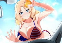 Rule 34 | 1girl, american flag, american flag bikini, american flag print, banareona, bikini, blonde hair, blue eyes, breasts, car interior, flag print, flag print bikini, girls und panzer, highres, holding, holding sponge, kay (girls und panzer), large breasts, long hair, looking at viewer, nail polish, open mouth, pov, print bikini, solo, sponge, steering wheel, swimsuit