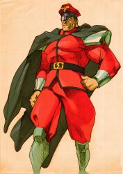 1boy absurdres bengus capcom cape game_cg hand_on_own_hip hat highres m._bison male_focus marvel marvel_vs._capcom marvel_vs._capcom_2 muscular muscular_male no_pupils non-web_source official_art peaked_cap scan shoulder_pads simple_background solo street_fighter