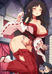 Rule 34 | breasts, clothes lift, highres, indoors, japanese clothes, large breasts, mabinogi, miko, morrighan, panties, recording, setsubun, side-tie panties, underwear, virus-g