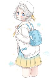 1girl backpack bag beret blue_bag blue_eyes blue_ribbon blush braid commentary_request gakuen_idolmaster gradient_clothes gradient_skirt grey_hair hair_ribbon half_up_braid hat highres holding_strap idolmaster jacket katsuragi_lilja looking_at_viewer looking_back nagi_7g pleated_skirt ribbon ribbon_braid short_hair skirt solo star_(symbol) twitter_username white_background white_jacket yellow_ribbon