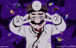 Rule 34 | 1boy, artist name, blue eyes, brown hair, coat, double v, dr. mario, dr. mario (game), emotional engine - full drive, facial hair, fate/grand order, fate (series), gloves, head mirror, looking at viewer, mario, mario (series), mikmi666, mustache, necktie, nintendo, official alternate costume, pill, red necktie, short hair, solo, stethoscope around neck, sweat, v, virus (dr. mario), white coat, white gloves