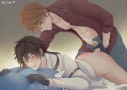 Rule 34 | 2boys, anal, bite mark, bite mark on ass, blush, genshin impact, lying, multiple boys, narwhal, on bed, on stomach, pillow, pillow grab, runya 21, sex, sex from behind, stuffed animal, stuffed toy, tartaglia (genshin impact), yaoi, zhongli (genshin impact)