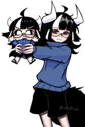 2girls absurdres ahoge arms_up bags_under_eyes bandaid bandaid_on_face bandaid_on_nose black-framed_eyewear black_eyes black_hair black_sandals black_shorts black_tail blue_sweater chibi happy highres holding horns light_blush looking_at_another looking_at_viewer looking_to_the_side m8n8xide medium_hair messy_hair mini_person minigirl mismatched_eyebrows multicolored_hair multiple_girls open_mouth original pink_bandaid sandals semi-rimless_eyewear shorts signature smile streaked_hair sweater turtleneck turtleneck_sweater v-shaped_eyebrows white_background white_eyes white_hair white_horns