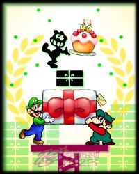 anniversary cake carrying evolution facial_hair food game_&amp;_watch hat highres luigi mario_(series) mario_bros. mustache nintendo overalls package shirt shoes sketchmii smile the_year_of_luigi