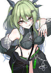 1girl absurdres bare_shoulders black_shorts breasts commentary_request detached_sleeves green_hair hair_between_eyes hair_ornament hair_ribbon hairclip halterneck highres honkai_(series) honkai_impact_3rd kamishiro_noa long_hair looking_at_viewer medium_breasts midriff mobius_(honkai_impact) mobius_(razer)_(honkai_impact) navel ouroboros ribbon shorts slit_pupils tongue tongue_out white_background