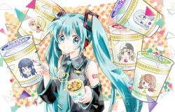 1boy 5girls aqua_eyes aqua_hair azusawa_kohane black_sleeves blonde_hair blue_hair brown_hair detached_sleeves grey_hair grey_shirt grin hanasato_minori hatsune_miku headphones highres hoshino_ichika_(project_sekai) long_hair looking_at_viewer multiple_girls nissin_cup_noodle project_sekai shirt sleeveless sleeveless_shirt smile solo_focus teeth tenma_tsukasa twintails usadapan1005 very_long_hair vocaloid yoisaki_kanade
