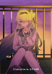 Rule 34 | 1girl, black bow, black hairband, bow, buttons, closed mouth, double-breasted, firefly (honkai: star rail), firefly (spring missive) (honkai: star rail), grey hair, grey sailor collar, grey skirt, hair between eyes, hair bow, hairband, hand up, highres, honkai: star rail, honkai (series), index finger raised, knees up, long hair, one eye closed, plaid clothes, plaid skirt, rooftop, sailor collar, shirt, sitting, skirt, smile, solo, srpzk, thighhighs, very long hair, white shirt, white thighhighs