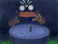 1boy bongo_bongo crossover fairy full_body holding holding_sword holding_weapon kirby_(series) link master_sword monster navi nintendo parody poison rayman_limbs shield standing sword the_legend_of_zelda tunic weapon wetland wham_bam_rock