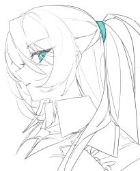 1boy blue_eyes coat collared_shirt greyscale half_updo hong_lu_(project_moon) lapels limbus_company long_hair long_sleeves looking_at_viewer monochrome necktie notched_lapels parted_lips project_moon rw0419 shirt sidelocks solo spot_color upper_body very_long_hair