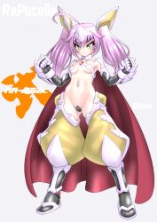 1girl armor bikini_armor breasts cape chest_jewel commentary_request crotch_plate elbow_gloves forehead_protector full_body gauntlets gloves green_eyes grey_background long_hair navel original pink_hair revealing_clothes sakura_ryuuken small_breasts solo standing twintails