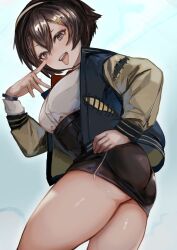 1girl absurdres amesuku_gyaru ass black_hair black_skirt blue_background blue_eyes braces breasts brown_sleeves commentary cowboy_shot finger_to_eye from_side grey_jacket gyaru hair_between_eyes hair_ornament hairpin hand_on_own_chest hand_on_own_hip highres jacket kogal large_breasts looking_at_viewer looking_down miniskirt open_mouth original piercing shirt short_hair skirt soleil_(soleilmtfbwy03) solo teeth thick_thighs thighs tongue tongue_out tongue_piercing upper_teeth_only white_shirt